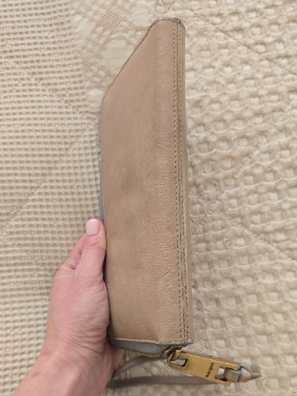 margot Taupe Leather Zip Wristlet Wallet with Blue Trim Normcore Anthropologie - Picture 7 of 8